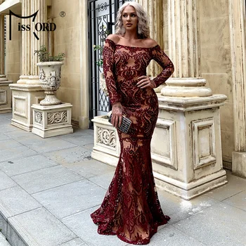 

Missord 2020 Autumn Winter Off the Shoulder Geometry Sequins Dress Women Slash Neck Party Dress Long Sleeve Bodycon Dress M0452