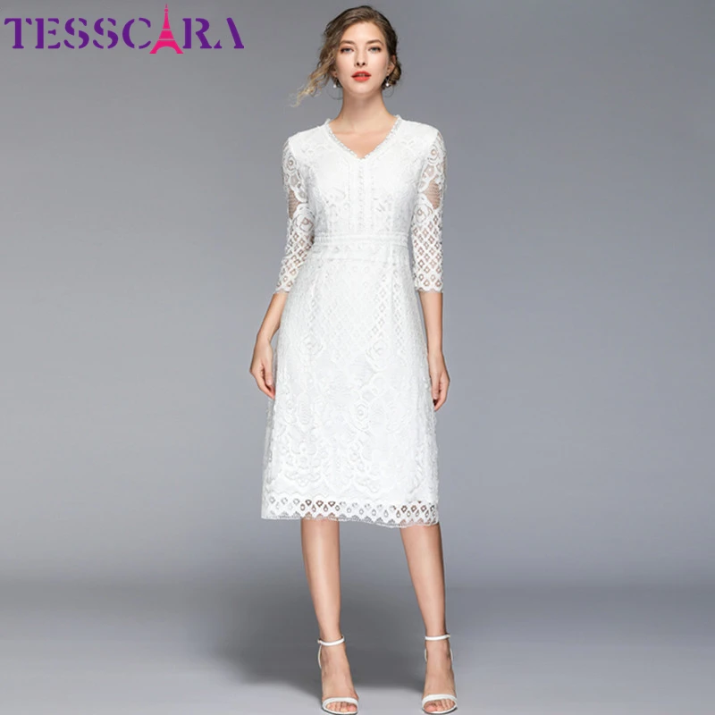 

TESSCARA Women Summer Elegant White Lace Dress Female Long Wedding Party Robe Femme Designer High Quality Flower Girl Vestidos