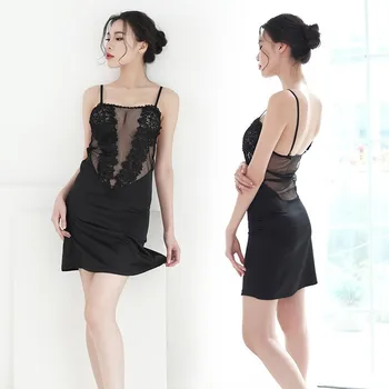 

Women Nightie Spaghetti Strap Nightdress Sexy Embroidery Angel Wings Net Nightwear Backless Satin Lace Applique Slips Sleepwear