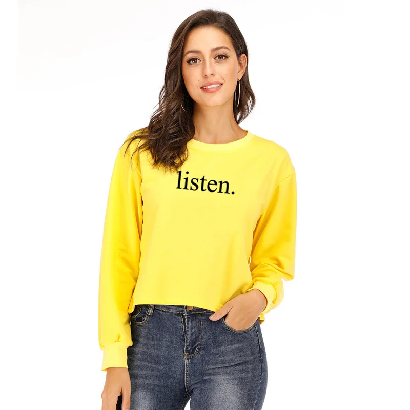 listen yellow Merry Pretty, женская укороченная толстовка,, толстовки, с буквенным принтом, с длинным рукавом, укороченный свитер, джемпер, пуловеры, Прямая поставка - Цвет: listen yellow