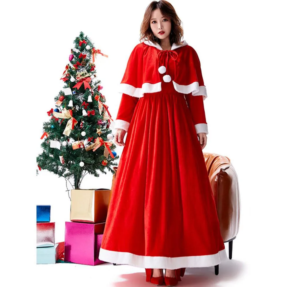 

Green Red Velvet Christmas Robe Gowns Women's Santa Claus Costume Cosplay Fancy Dress for Adult Xmas Costumes Outfit