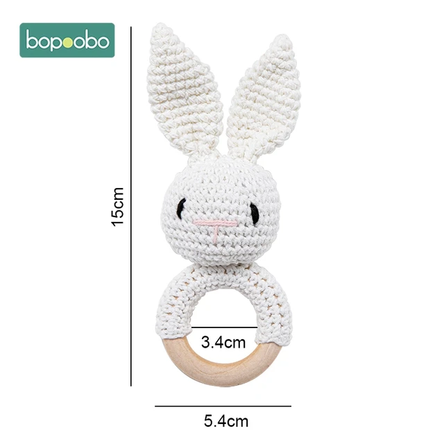Bopoobo 1pc Baby Rattles Crochet Bunny Rattle Toy Wood Ring Baby Teether Rodent Baby Gym Mobile Rattles Newborn Educational Toys White Bunny