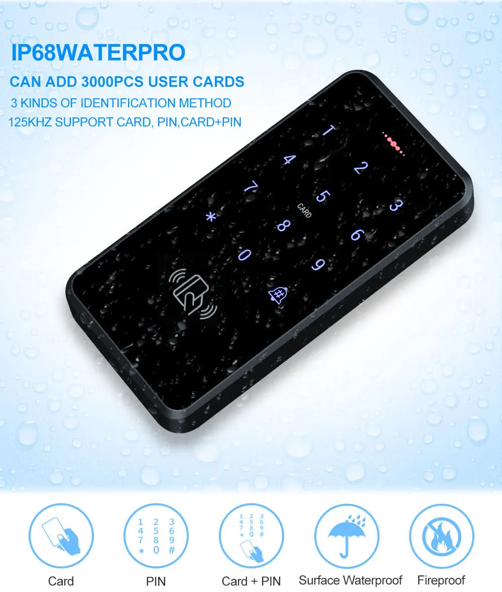 IP68 Waterproof RFID 125KHz Standalone Access Control Keypad with Touch Screen Panel + 10pcs RFID Keyfobs - Famidy.com