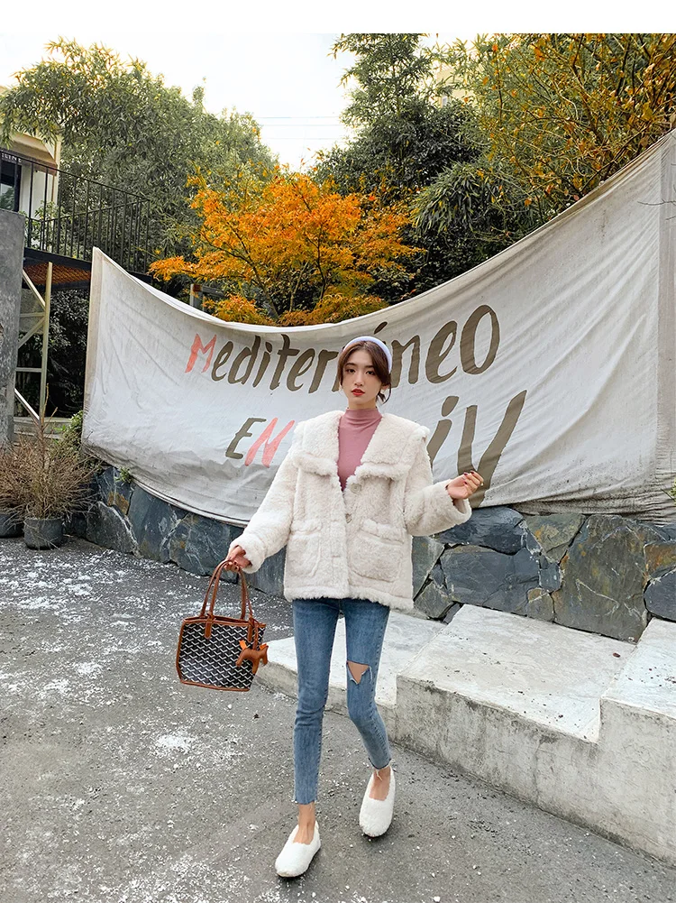 ANSFX, корейский стиль, мохнатый искусственный мех, с отворотом, средней длины, куртка, пальто, модное, для женщин, длинный рукав, толстая, сохраняет тепло, верхняя одежда, топы, 2 цвета