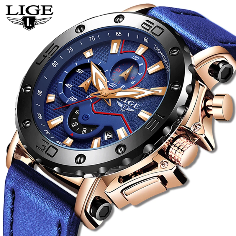 Online 2019 LIGE Blau Uhr Luxus Marke Männer Analog Leder Sport Uhren Herren Armee Military Watch Datum Quarz Uhr Relogio Masculino
