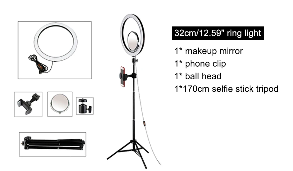 mirror 170cm tripod Кольцевой светильник 32 см со штативом, зеркало для макияжа, зажим для телефона, светильник для студийной фотосъемки, Прямая поставка - Цвет: mirror 170cm tripod