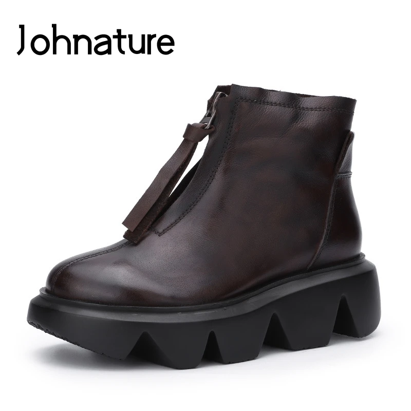 

Johnature Retro Ankle Boots 2020 New Autumn Genuine Leather Women Shoes Zip Round Toe Wedges Concise Sewing Platform Boots