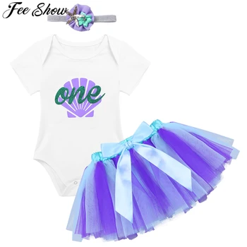 

Infant Baby Kids Girls Outfit Short Sleeves Glittery Letters Printed One Birthday Romper With Tutu Skirt Headband Set For Party