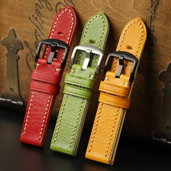 

PSTARY 20MM 22MM Color Genuine Leather Strap Red Green Yellow Trimmed Folded Leather Strap Men's Watch Strap Silver Black Buckle