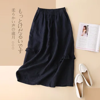 

Japan Harajuku Mori Girl Cotton and Linen Loose Waist Pure Linen Skirt Female Ethnic Vintage Long Lantern Skirt Women Clothing