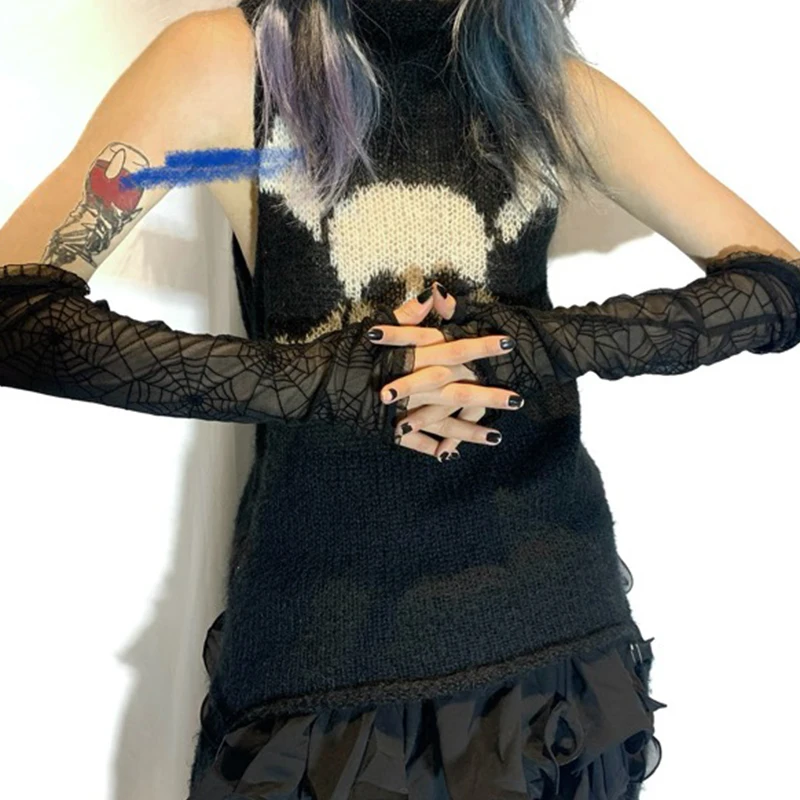 Rock Party Hip-hop Gloves Transparent Punk Mitten 2020 Cool Halloween Mesh Fingerless Cuff Cobweb Lace Gothic Women Black Print