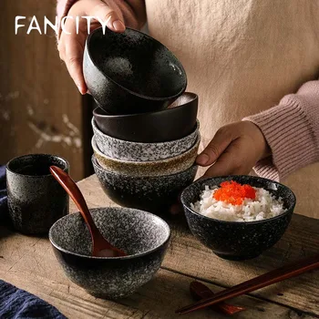 

FANCITY Japanese style rice bowl household retro ceramic bowl soup bowl 4.5 inch creative small bowl restaurant tableware and J