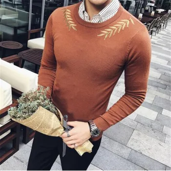 

Embroidery Male Sweaters For Men Camisolas Homens Black White Grey Brown Stylish Slim Fit Elegant Sweater Hombre Kazak Erkek