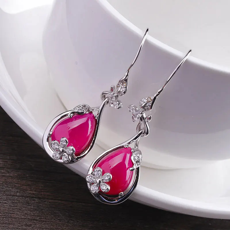 

silver product S925 pure silver jewelry earring fashion pure hand ms droplets red corundum eardrop temperament joker