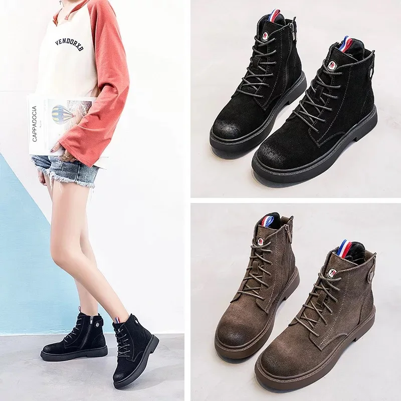 

New Style WOMEN'S Shoes plus Velvet Europe And America Export Martin Boots Square Heel Low-Top Students INS Martin Boots British