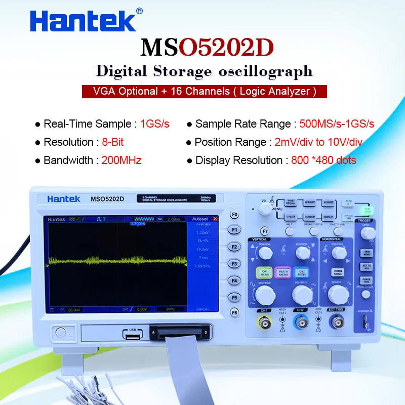 Цифровой осциллограф Hantek MSO5202D 200 МГц 2 канала 1GSa/s 16 каналов в 1 USB 800x480|Осциллографы|
