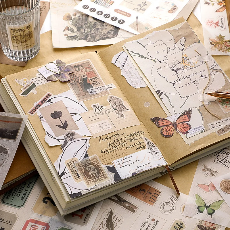 50Pcs Set Vintage DIY Scrapbooking Material Paper for Journaling Scrapbook Embellishment Supplies Decorative Stationery Sticker
