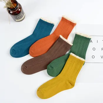 

5 pairs/Set Women Lace Edge Ruffle Frilly Socks Ankle Knit Cotton Double Needle Solid Color Autumn Winter Socks Women