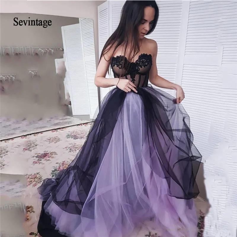 

Sevintage 2020 Purple and Black Evening Dresses Plus Size Sweetheart Lace Beaded Prom Gowns Vestidos De Novia