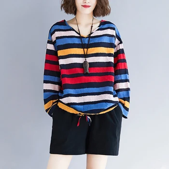 

2019 New Spring autumn Women T-shirt Vintage Long sleeve Cotton V-neck Casual loose large size Striped Shirt cc1050