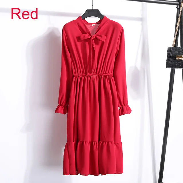 TS-8010 Red Осеннее женское платье для дам с длинным рукавом в горошек винтажное шифоновое платье-рубашка повседневное Черное Красное зимнее платье миди с цветочным рисунком - Цвет: TS-8010 Red