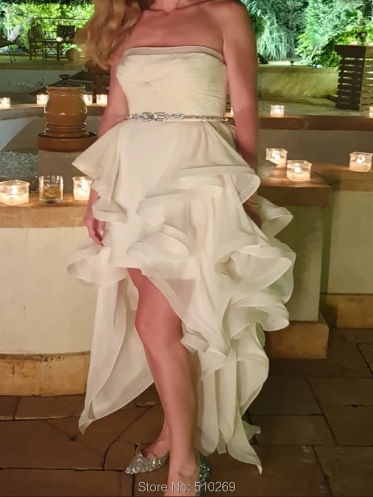 

2020 New Stunning Chiffon Front Short and Long Back Wedding Dresses Bridal Gowns Robe De Mariee Strapless Fluffy