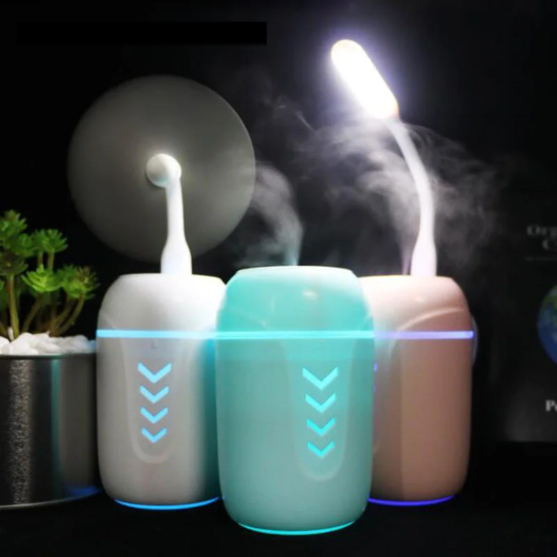 

200ml 3 in 1 USB Air Humidifier Ultrasonic Car Mist Maker USB Mini LED Light USB Fan Office Desktop Arrow Air Purifier