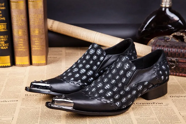 2014 new arrival skull genuine leather men shoes nightclub point toe business shoes big size 44 45 46 on sale free shipping