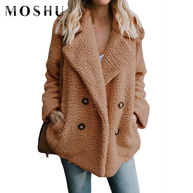 Beste Teddy Jas Vrouw Revers Faux Bontjassen Lange Mouw Pluizige Nep Bont Jassen Winter Dikke Warme Vrouwelijke Zakken Plus Size overjas