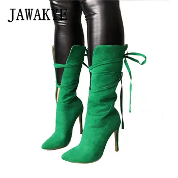 

Suede Leather Green Mid-calf Long Boots High Heel Pointed Toe Back Lace Shoes Bohemian Boots Women Elegant Shoes Winter New Boot