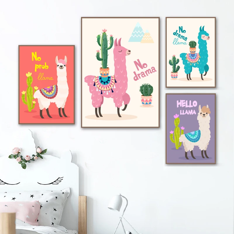 Nursery-Decor-Prints-and-Posters-Cartoon-Llama-With-Cactus-Canvas-Painting-Cute-Animal-Alpaca-Picture-Baby