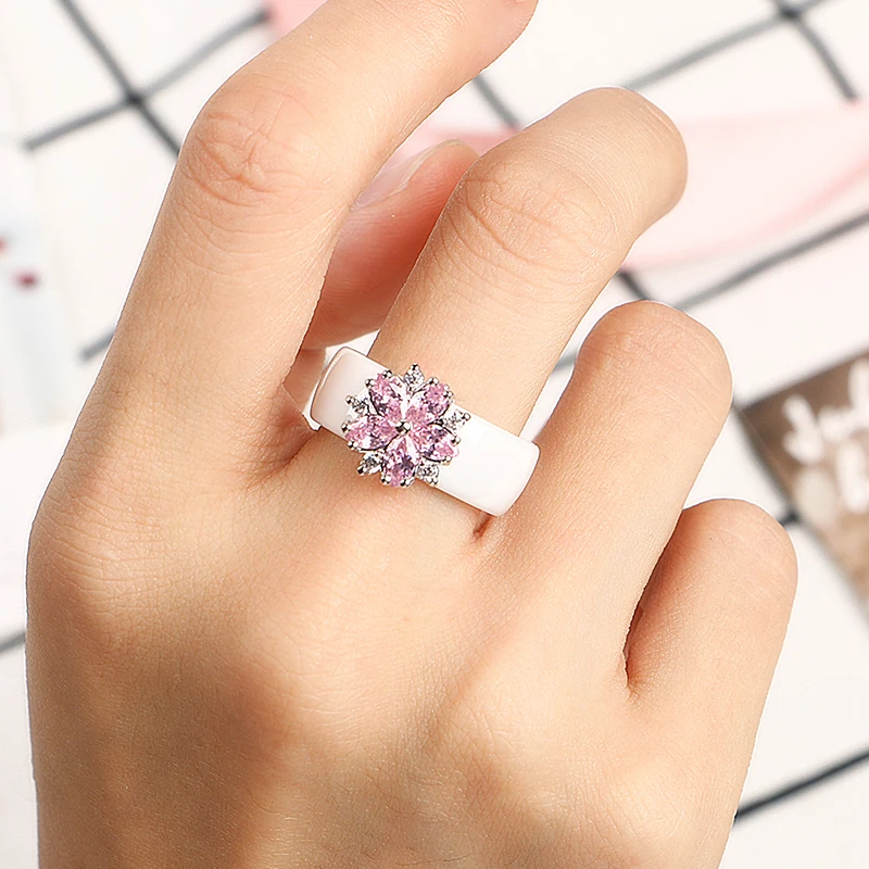 Wedding Rings Silver Rings Silver Ring Female Girls Pink Crystal Geometric Ring Healthy Ceramic Ring Promise Wedding Engagement Rings For Women Best Gifts