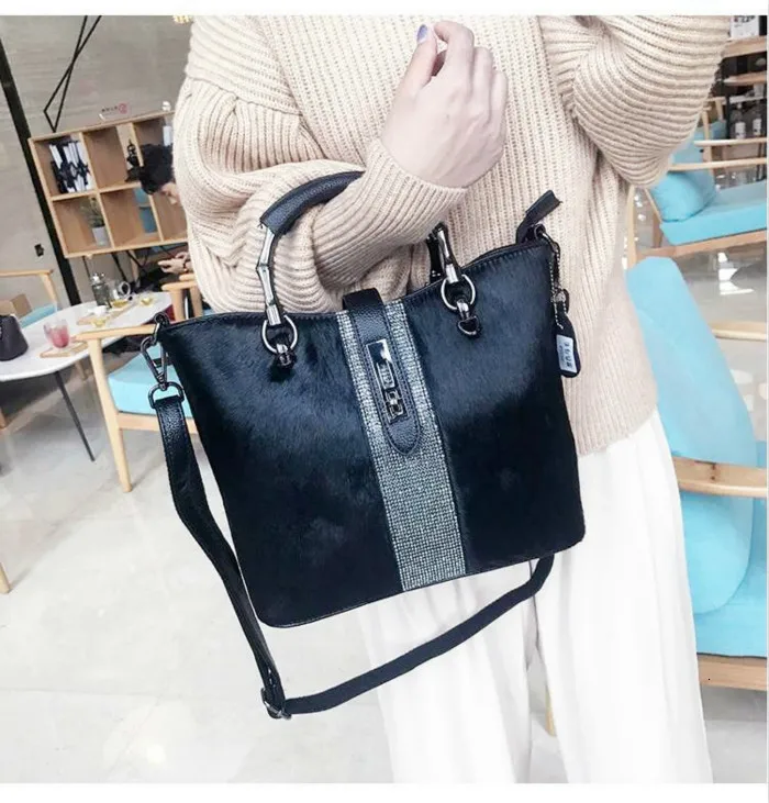 Horse Hair Rhinestone Woman Handbag Genuine Leather Totes Diamond Shoulder Bag Anti-theft Lock Buckle Winter Fur Bags New