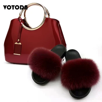 

Fur Slippers Handbag Sets Woman Fluffy Fur Slides Plush Real Fox Fur Sandals Women's Party Glossy Evening Bag Fashion Bridal Bag