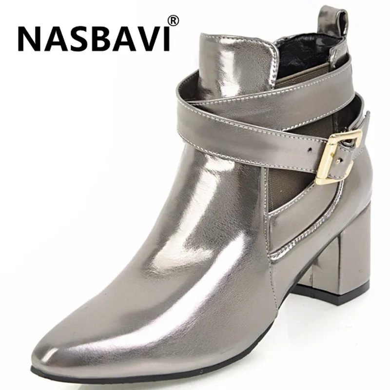 

NASBAVI new fashion winter Europe and America PU Pointed mid-heeled zipper belt buckle Solid color Ankle Boots Women green black