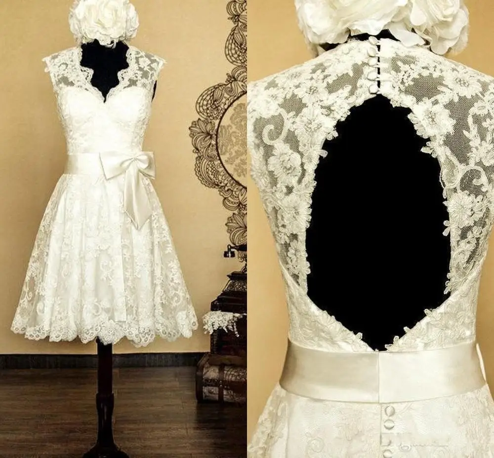 

2021 Vintage Short Lace Wedding Dresses Cap Sleeve Backless V-Neck Bow Sash Ivory Lace A-Line Classic Bridal Gowns Custom Made