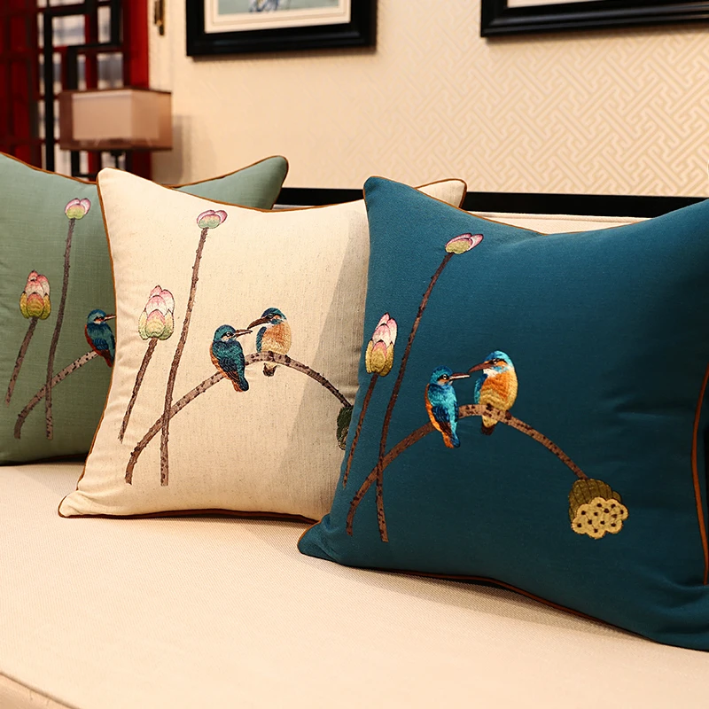 Details about   Chinese Classical Lotus Bird Embroidery Throw Pillow Cover Cotton Linen Sofa 1Pc 