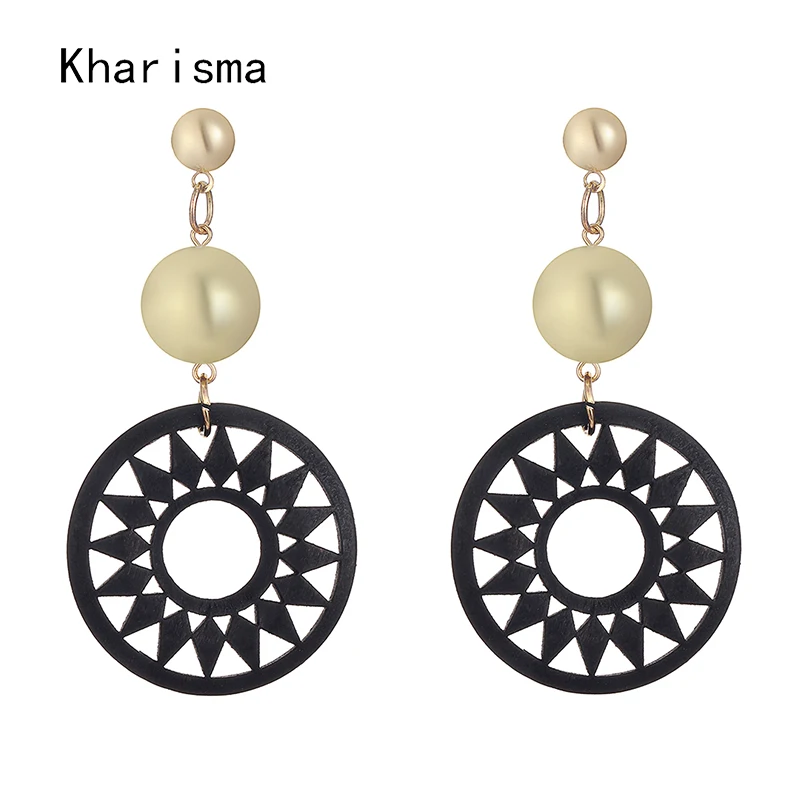 

KHARISMA Pop 7 Colors Hollow Natural Wooden Gear Pattern Golden Beads Pom Pom Long Stud Earrings Fashion Jewelry For Women Party
