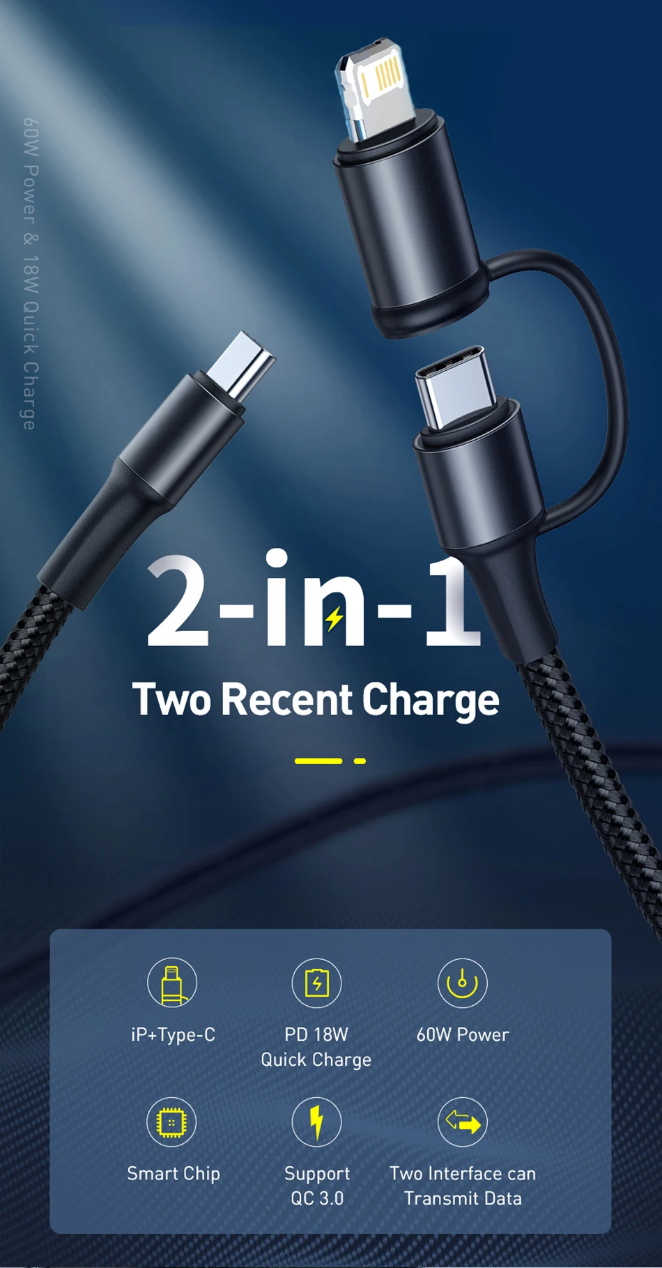 2 in 1 60W Type-C USB C PD Cable Charging Wire for Notebook Charger USB C Data Wire PD Fast Charge USBC Kabel for iPhone iPad 3A android charger cord