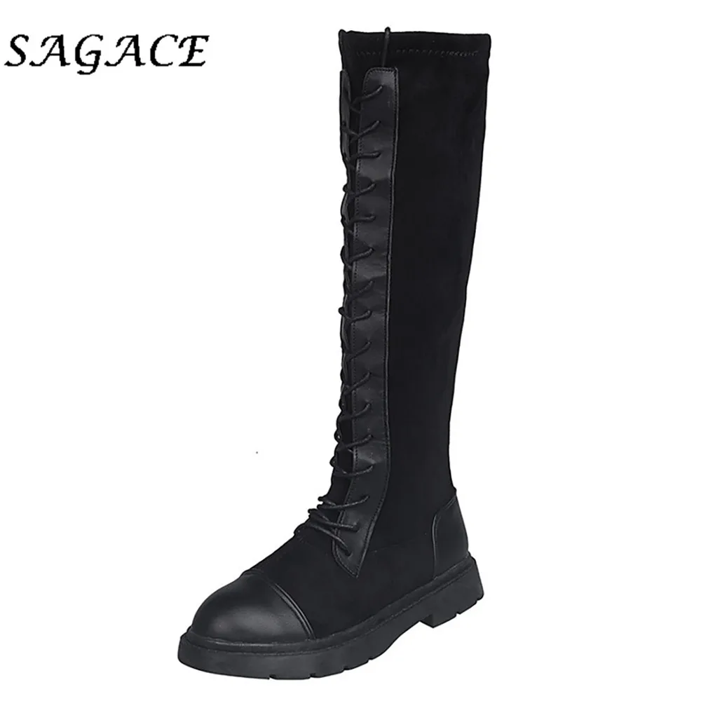 SAGACE Shoes ladies High Leg boots plus size women square heels shoes lace up boots ladies boots for winter Fashion flock shoes