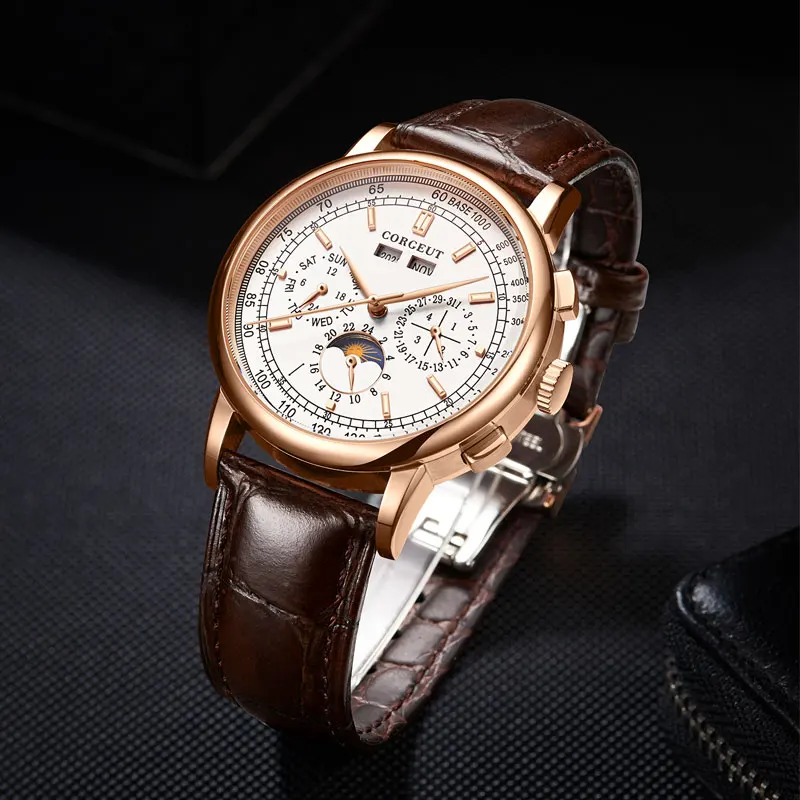 US $68.40 Corgeut Moon Phase Watch 42mm Mechanical Wristwatches Rosegold White Dial Year Day Month Week 316L SS Case Automatic Watch Men