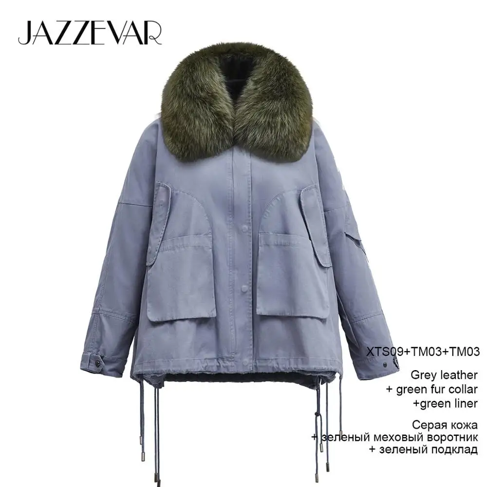 Grey coat green fur JAZZEVAR Зимнее новое поступление зимнее пальто для женщин с меховым воротником свободная одежда верхняя одежда высокое качество зимняя одежда для женщин K9033 - Цвет: Grey coat green fur