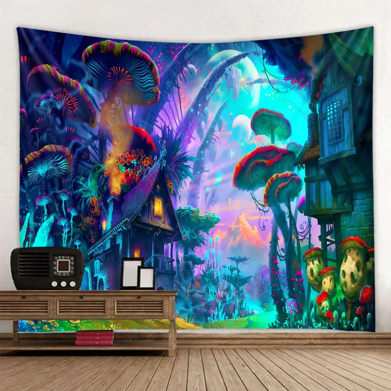 Tapestry Decor Psychedelic Mushroom 3D Printing Tapestry Hippie Fantasy Colorful Art Mandala Bohemian Family Dormitory Wall Decoration