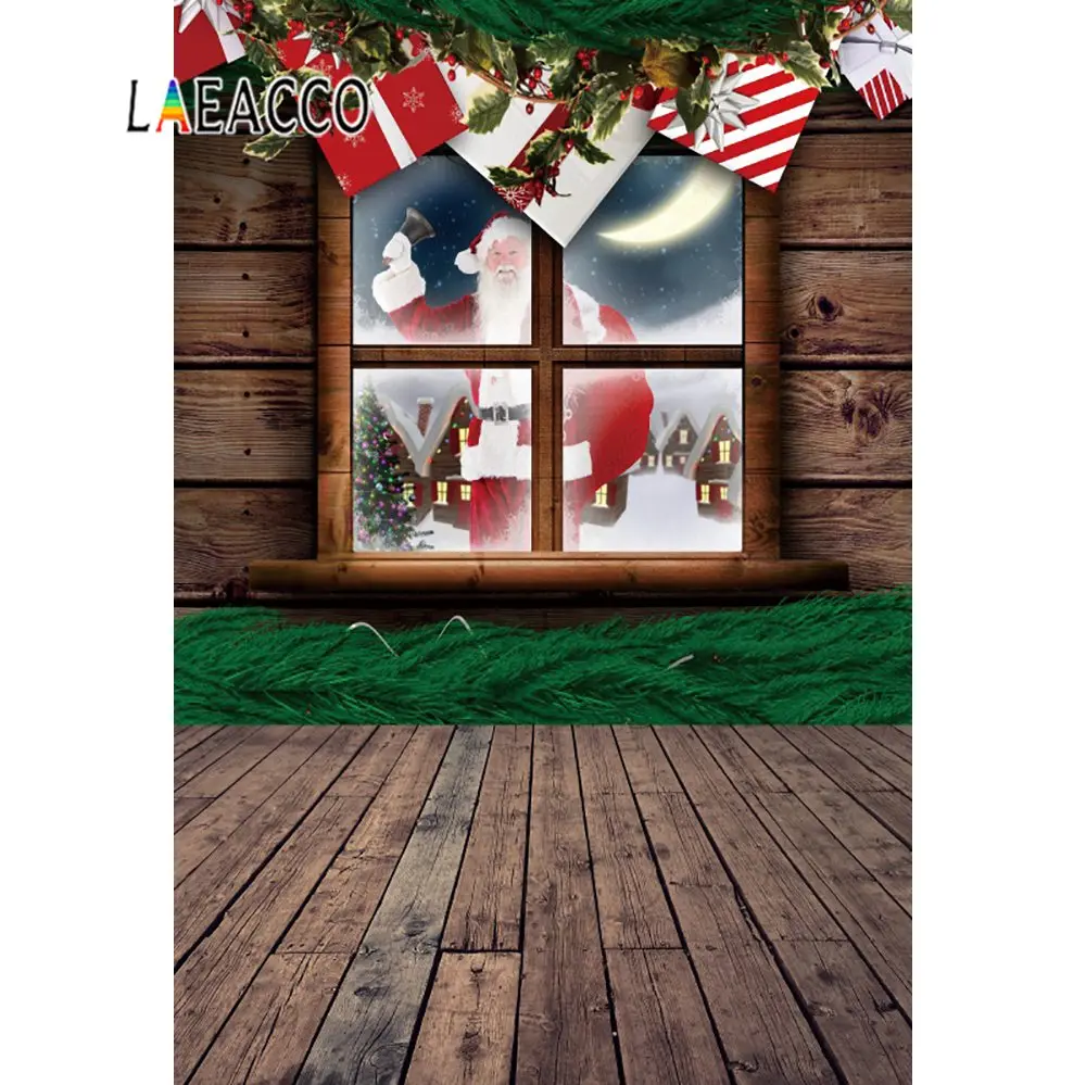 Laeacco Детские мультфильм Рождество Санта Клаус подарок деревянные окна пол ребенок фотография для фона фотосессии