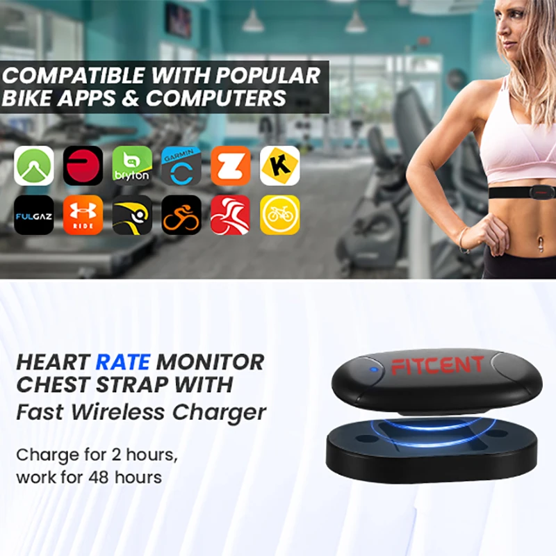 FITCENT Rechargeable Heart Rate Monitor with Bluetooth ANT+ 5.3Khz Chest Strap Sensor for Peloton Zwift Polar Rowing Machine