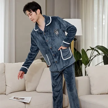 

2020 Winter New Men Pajamas Suit Flannel Sleepwear Casual Warm 2PCS Sleep Set Coral Fleece Nightwear Loose Shirt&Pants Home Wear