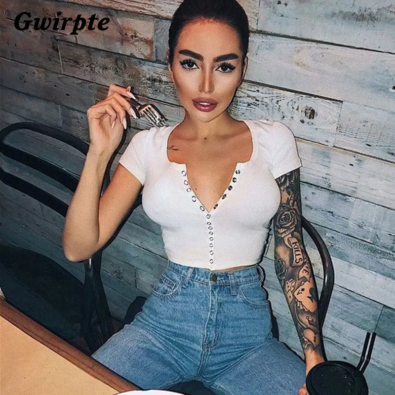 

Gwirpte Sexy Women Short Sleeve Crop Top Button T-shirt 2019 white solid casual fashion T-shirt female tees