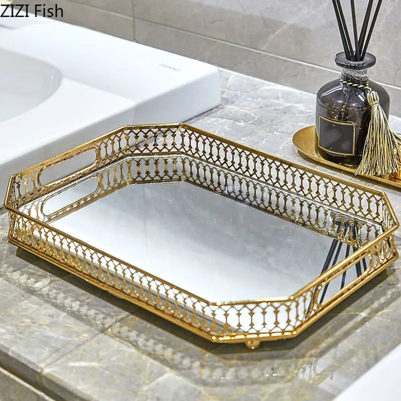 Vintage European Mirror Glass Metal Storage Tray Gold Rectangle/round Fruit Plate Desktop Small Items Jewelry Display |