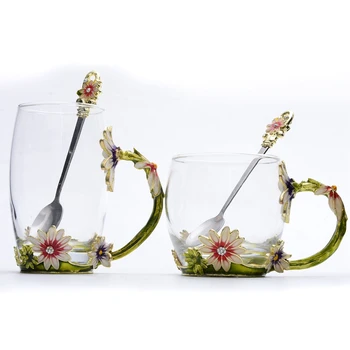 

Glass Water bottle Enamel Color Flower Mug Cup Tea Cup Daisy Flower Coffee Cup Office Glass Enamel Color Water Cup Tea Bottle