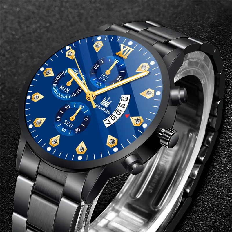 2021 Luxury Brand SHAARMS Alloy Strap Men's Watch Diamond Waterproof Quartz Watch for Men's Analog Three-eye Calendar Male Clock